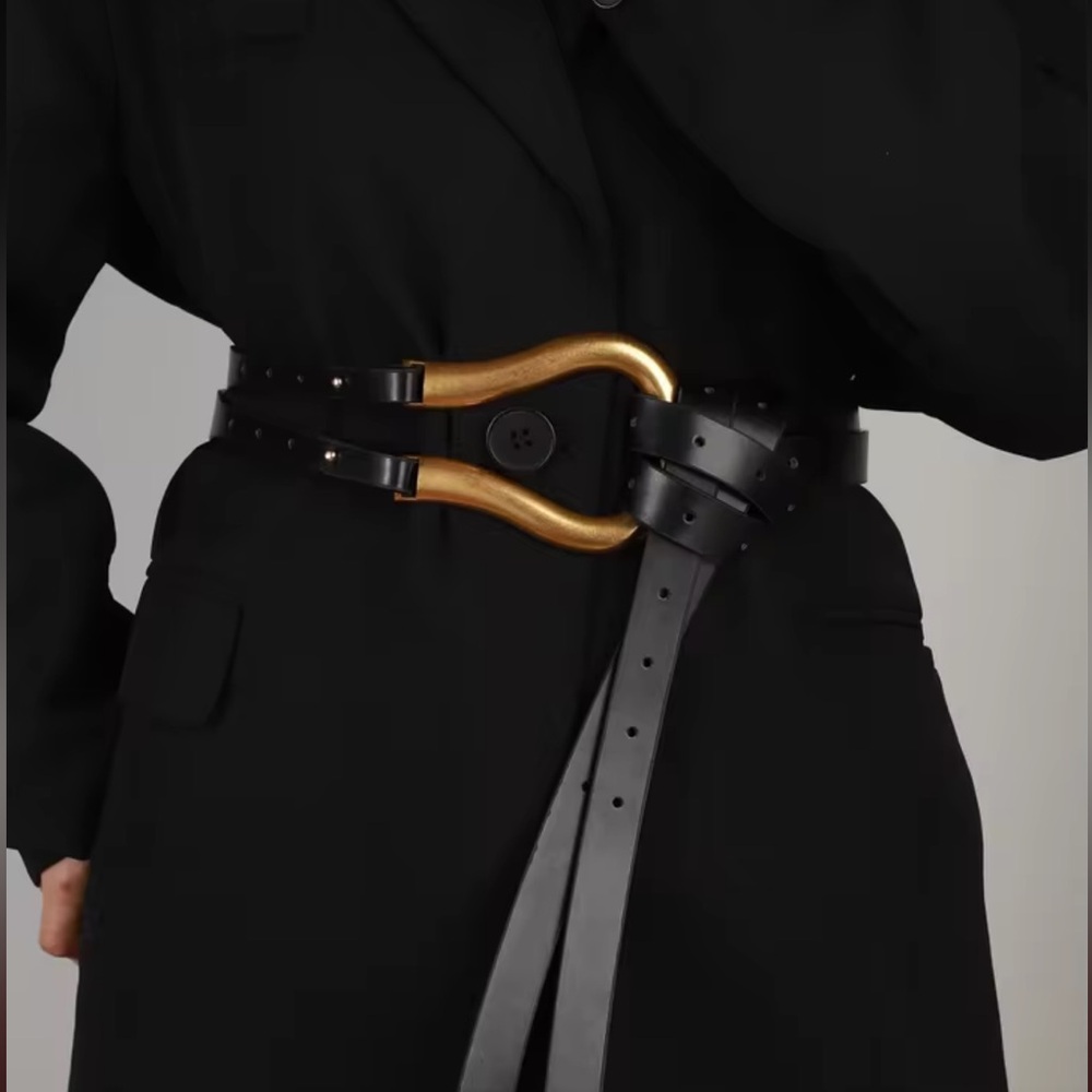 Black Vegan Leather Belt with Gold Tone Curved Buckle - Picture 6 of 10